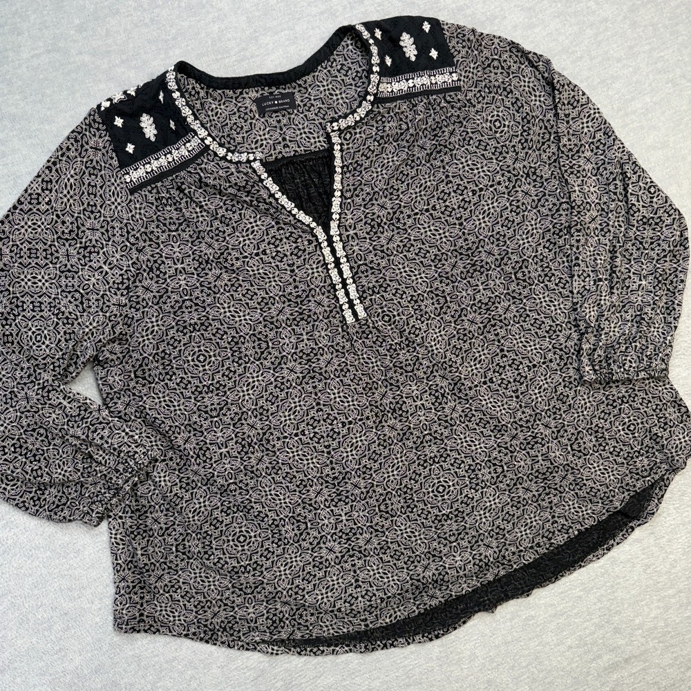Lucky Brand Top Womens 3X Black White Geometric Embroidered Shirt Blouse Boho‎